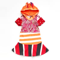 Image 1 of orange red mix stripe stars 4/5 rabbit ears hooded hoodie hood short sleeve bunny twirl dress