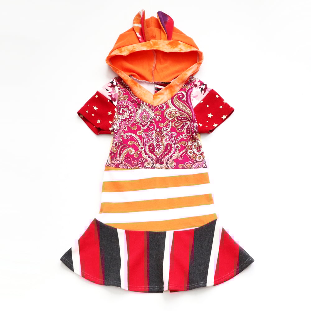 Image of orange red mix stripe stars 4/5 rabbit ears hooded hoodie hood short sleeve bunny twirl dress