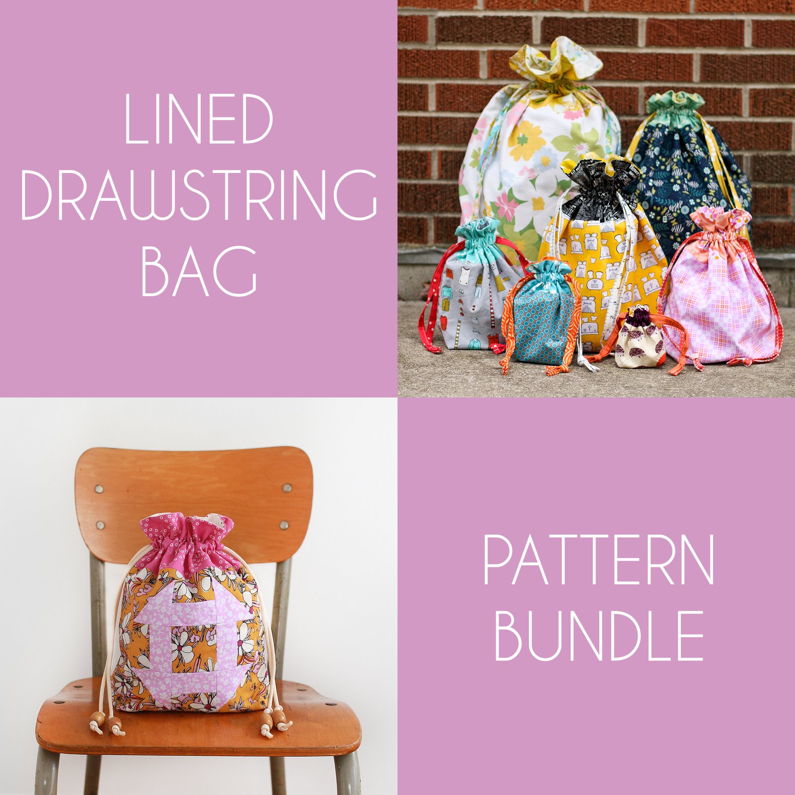 Lined Drawstring Bag Pattern Bundle (PDF Download) | Jeni Baker Patterns