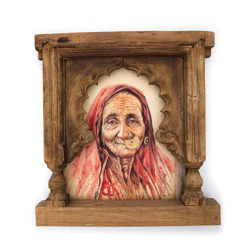 Image of Original Painting - "Vieille dame Bishnoï en rose" - 45x50 cm