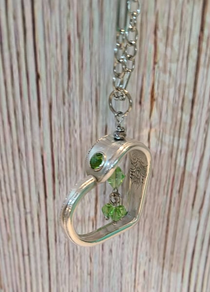 Image of Vintage Silverware Heart Spoon Necklace- Peridot Green Crystals - Gift Boxed - EB-448