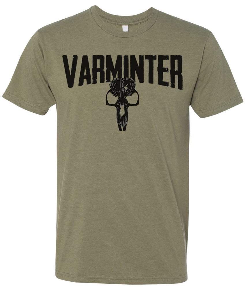 Image of Official Varminter Magazine Logo Fitted Olive Green T-Shirt (Ground Squirrel) - Front Print Only