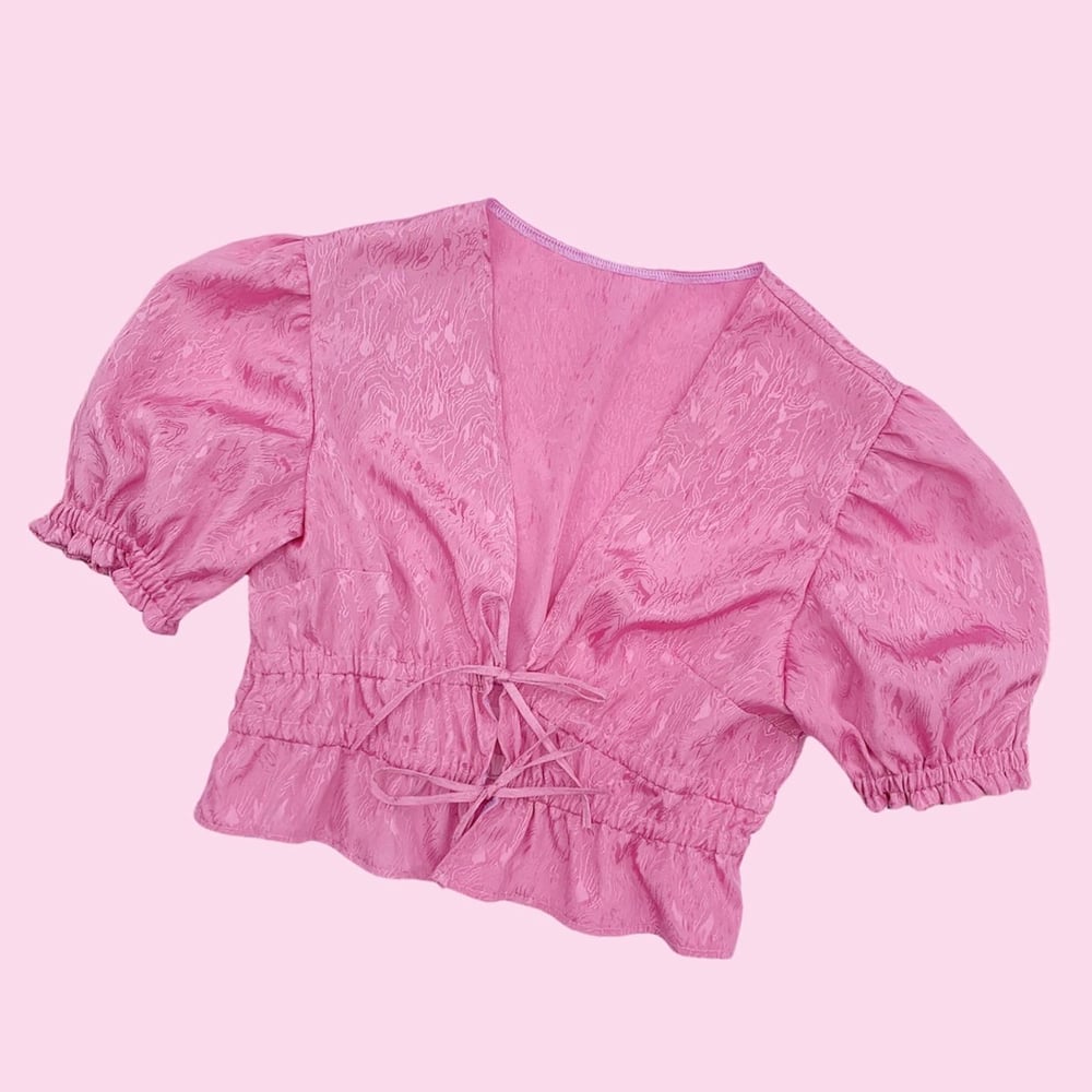 Image of Puff Sleeve Front Tie Blouse — Bubblegum Ripples
