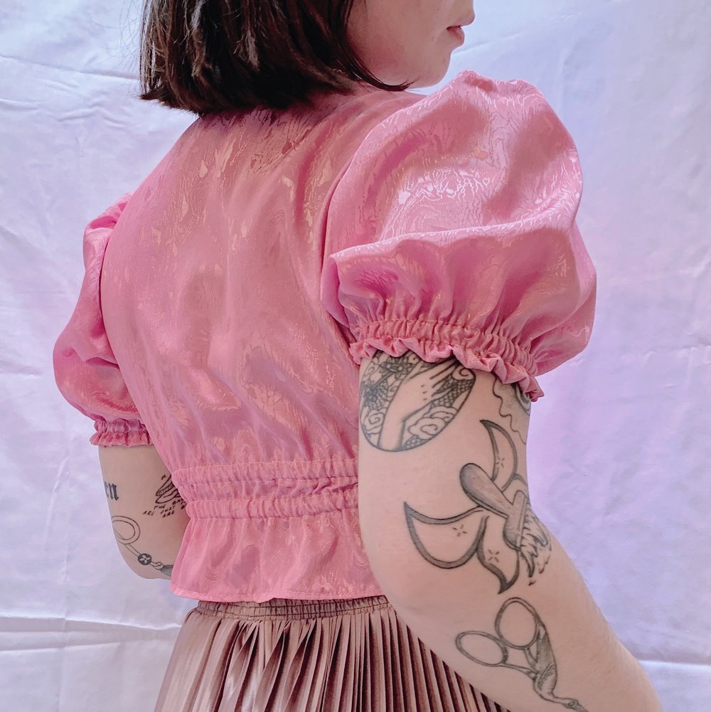 Image of Puff Sleeve Front Tie Blouse — Bubblegum Ripples