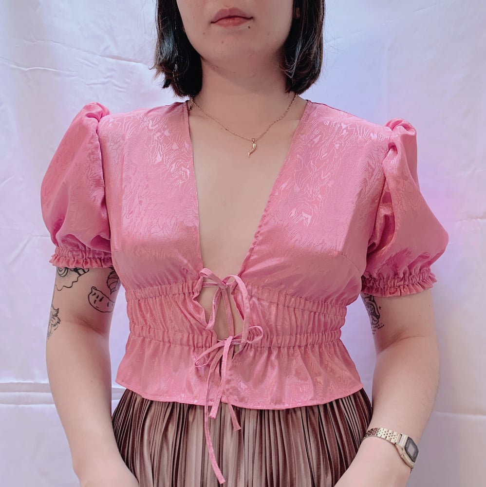 Image of Puff Sleeve Front Tie Blouse — Bubblegum Ripples