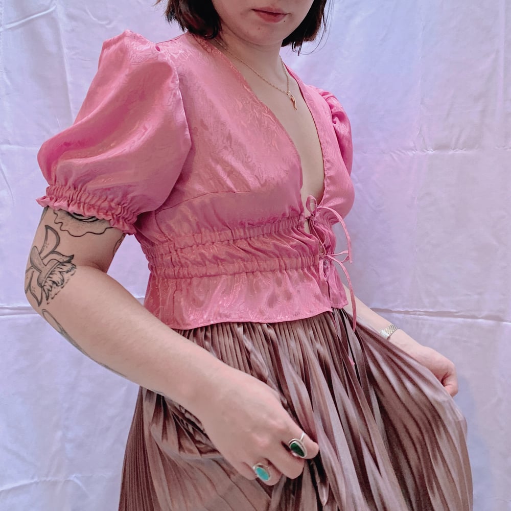 Image of Puff Sleeve Front Tie Blouse — Bubblegum Ripples