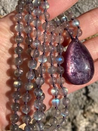 Image 3 of Rainbow Labradorite Mala with Gem Lepidolite Pendant, Labradorite 108 Beads Japa Mala