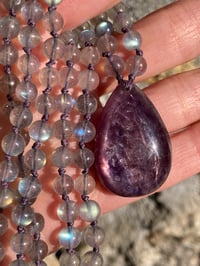 Image 2 of Rainbow Labradorite Mala with Gem Lepidolite Pendant, Labradorite 108 Beads Japa Mala