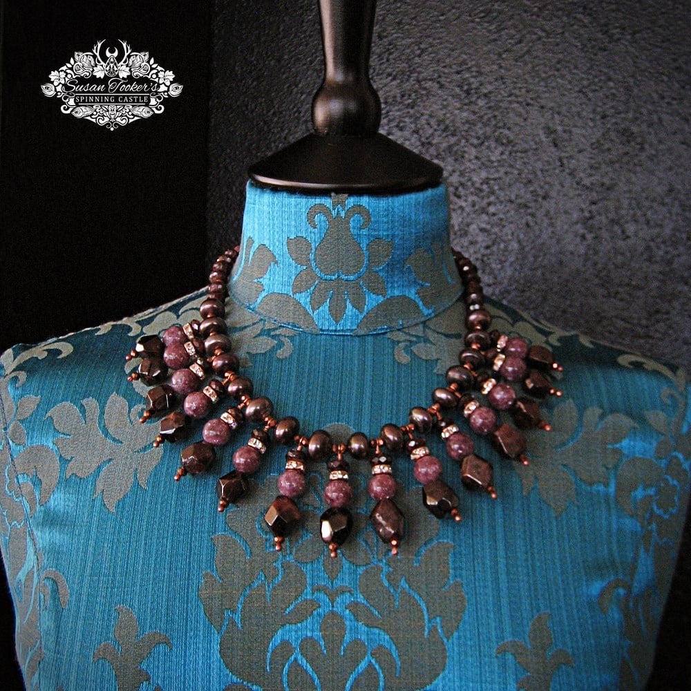 Image of MINERVA - Garnet Lepidolite Pearls Gemstone Statement Necklace Boho Witchy Jewelry Tribal Bib Collar