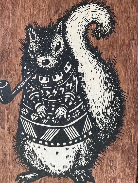 Image of Pretentious Squirrel on Stained Pine Panel