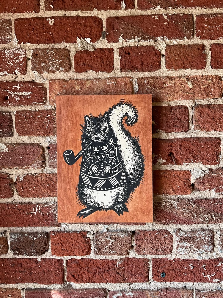 Image of Pretentious Squirrel on Stained Pine Panel