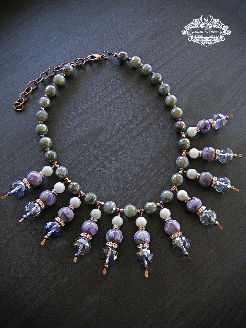 Image of LUNA - Charoite Moonstone Labradorite Gemstone Statement Necklace Boho Witchy Jewelry Tribal Bib 