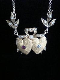 Image 1 of Edwardian 15ct yellow gold rose cut diamond natural Ruby double heart necklace
