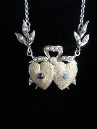 Image 2 of Edwardian 15ct yellow gold rose cut diamond natural Ruby double heart necklace