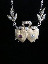 Image 4 of Edwardian 15ct yellow gold rose cut diamond natural Ruby double heart necklace