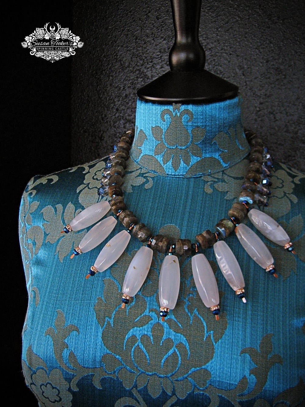 Image of HERA - Blue Chalcedony Labradorite Gemstone Statement Necklace Boho Witchy Jewelry Tribal Bib Collar