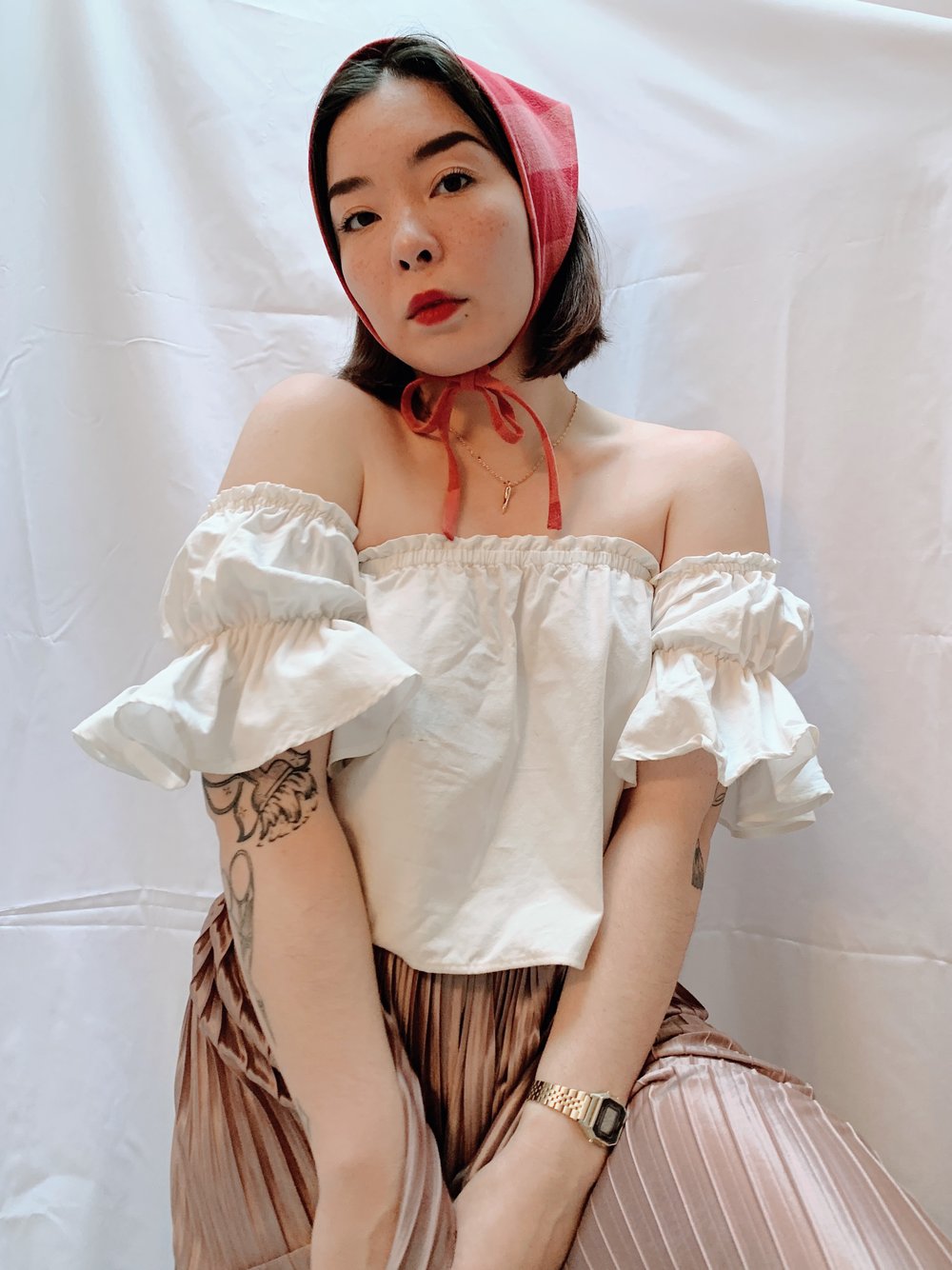 Image of Triangle Head Scarf — Red & Pink Check