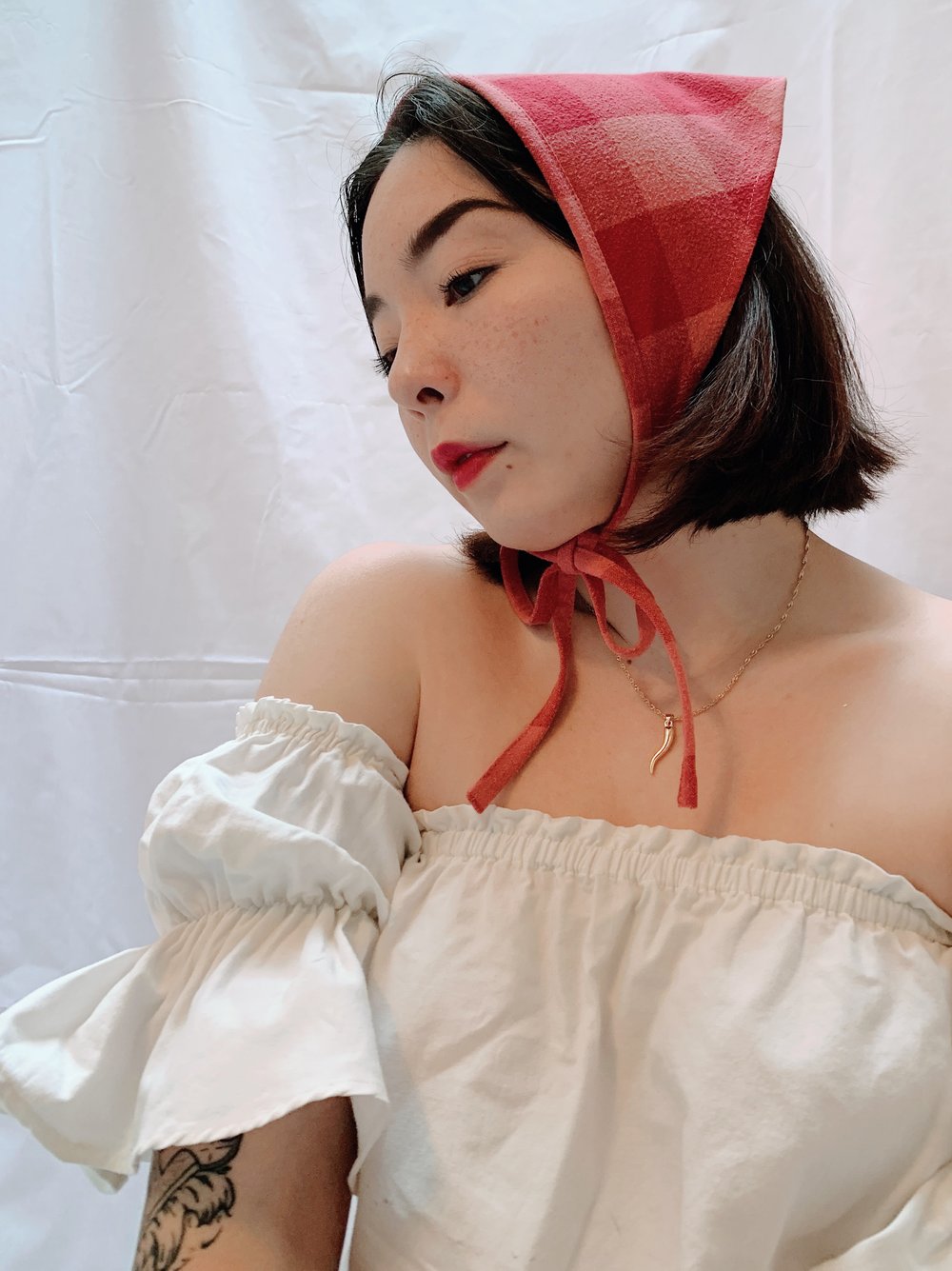 Image of Triangle Head Scarf — Red & Pink Check