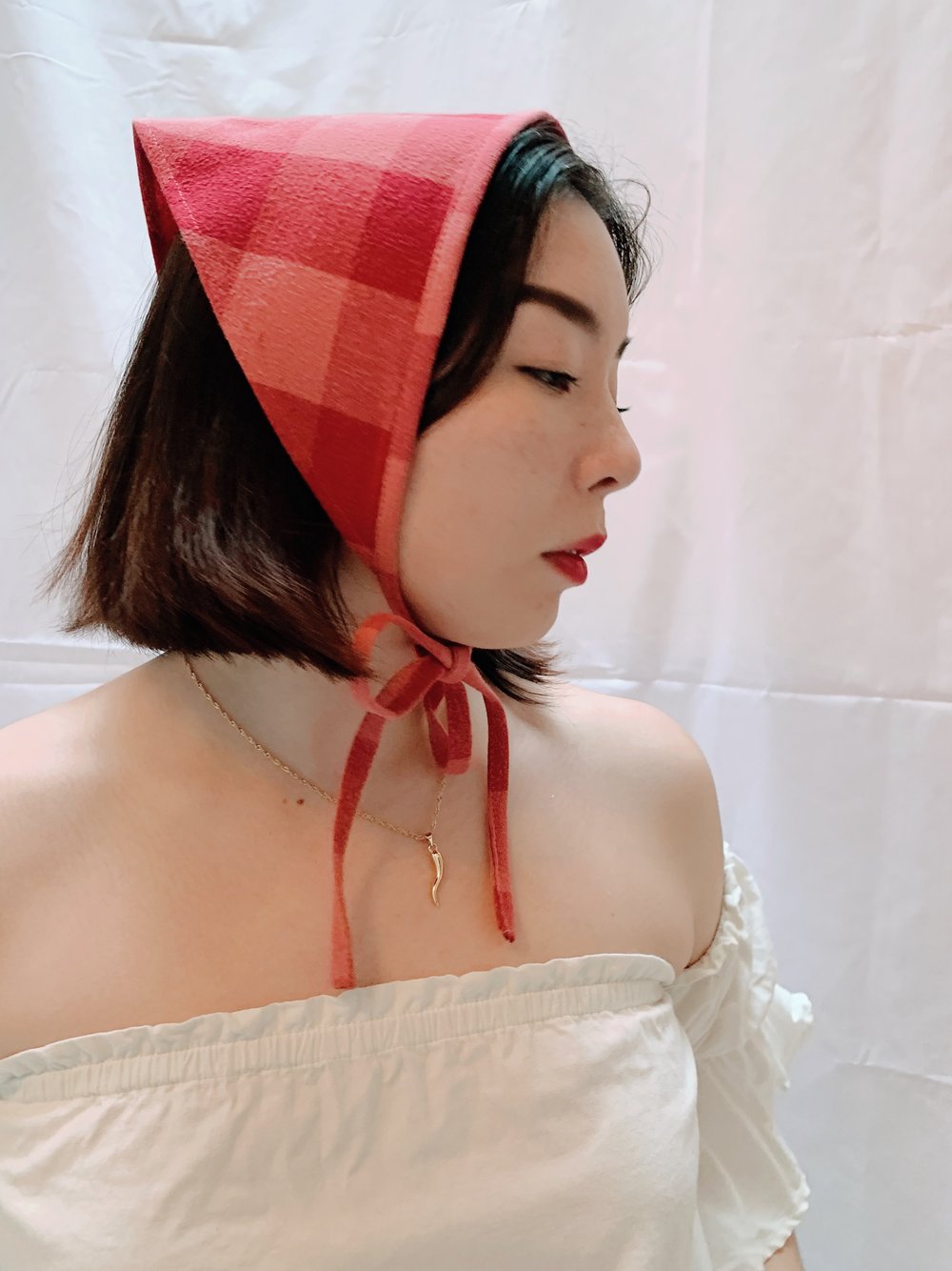 Image of Triangle Head Scarf — Red & Pink Check
