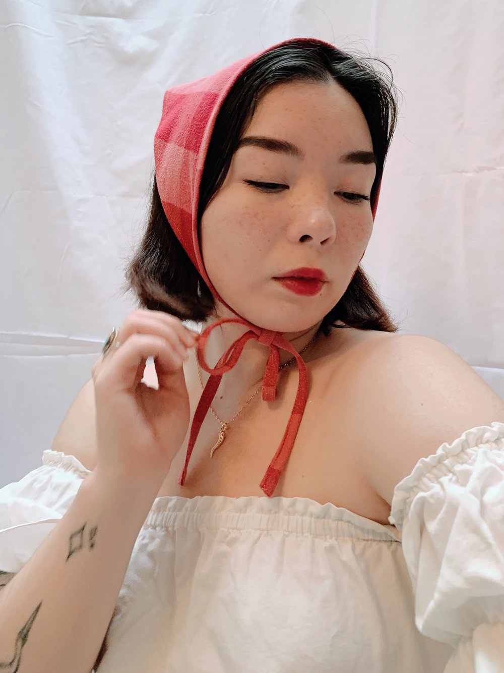 Image of Triangle Head Scarf — Red & Pink Check