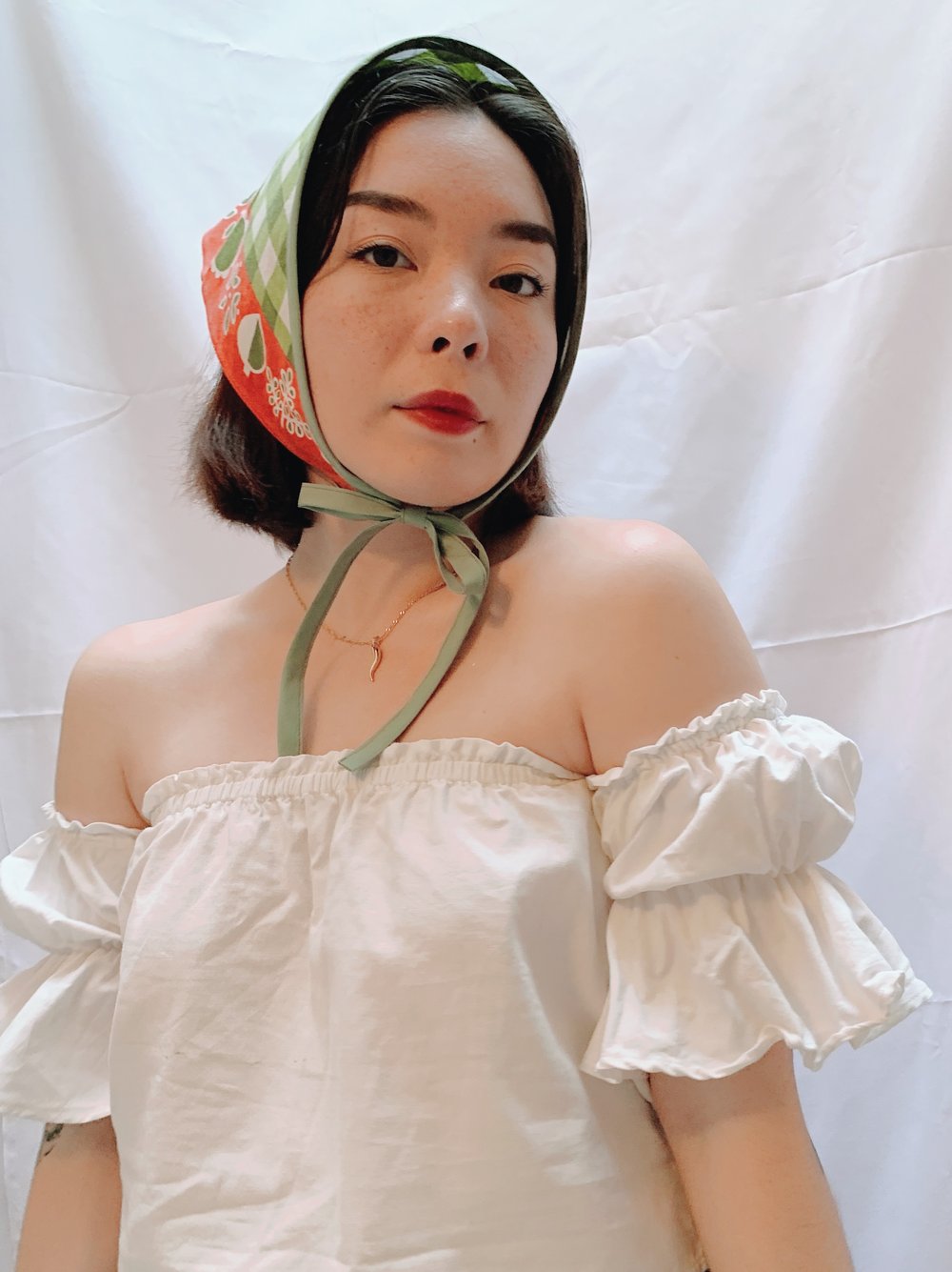 Image of Triangle Head Scarf — Green & Orange Check