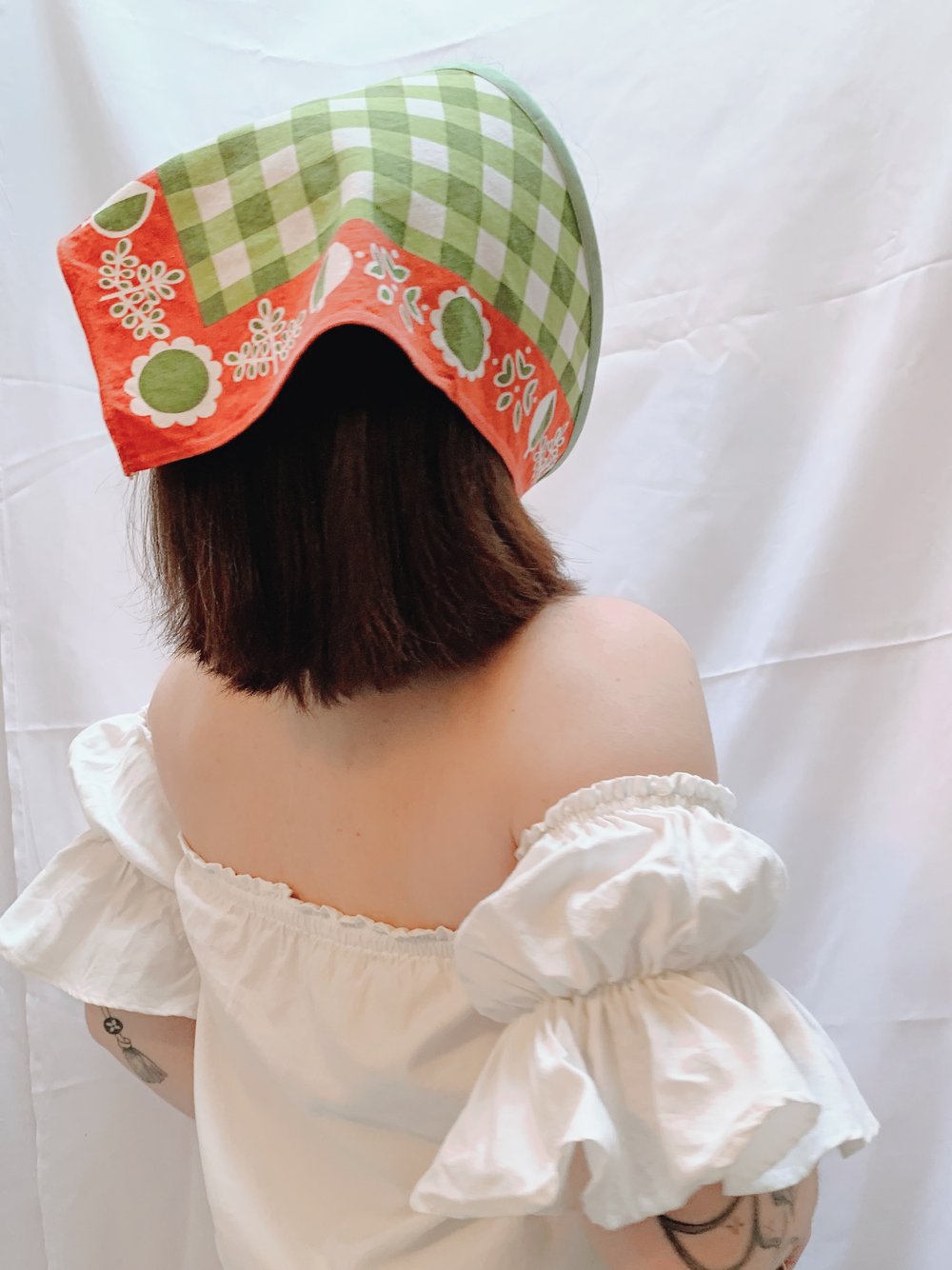 Image of Triangle Head Scarf — Green & Orange Check