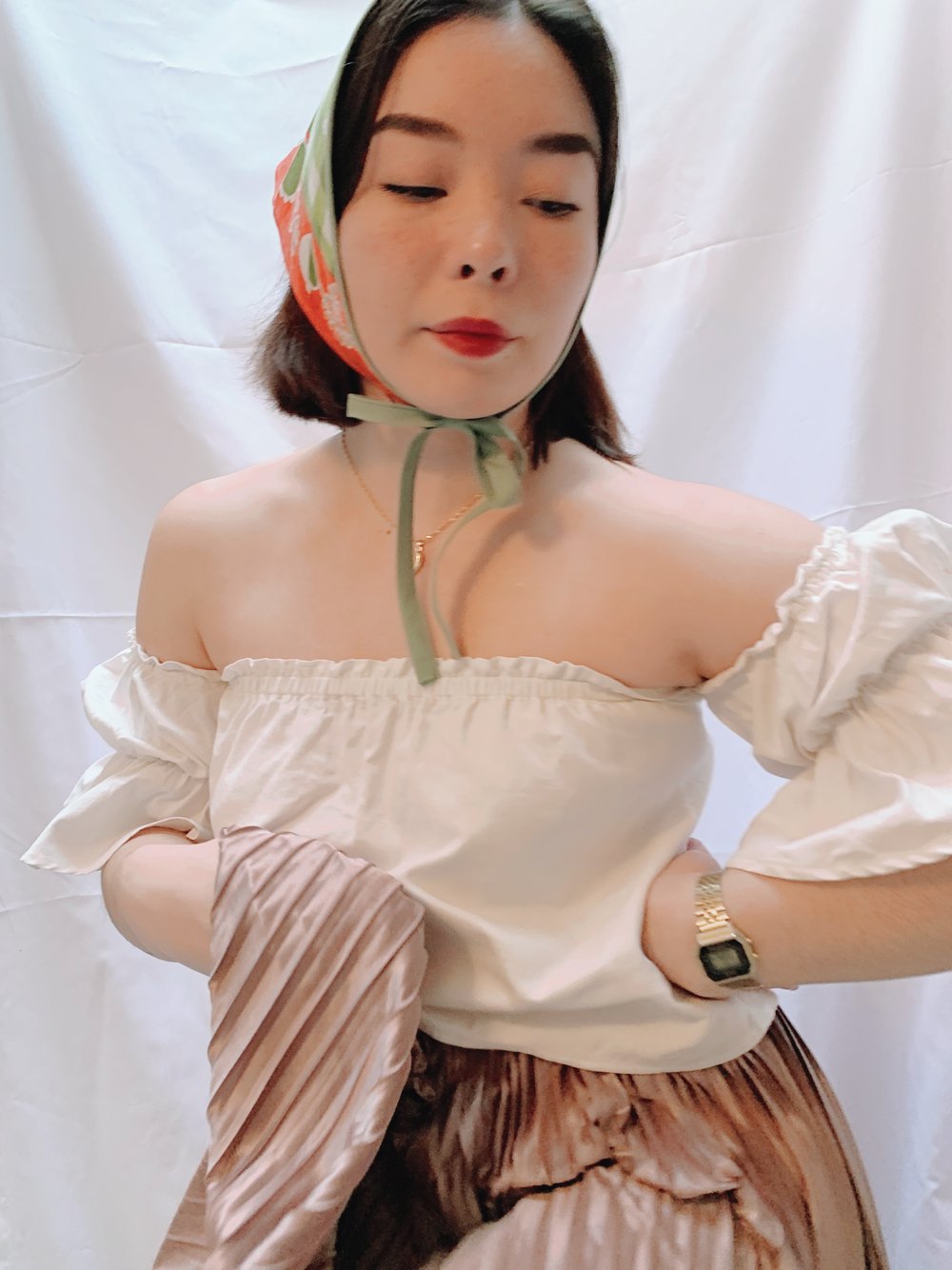 Image of Triangle Head Scarf — Green & Orange Check