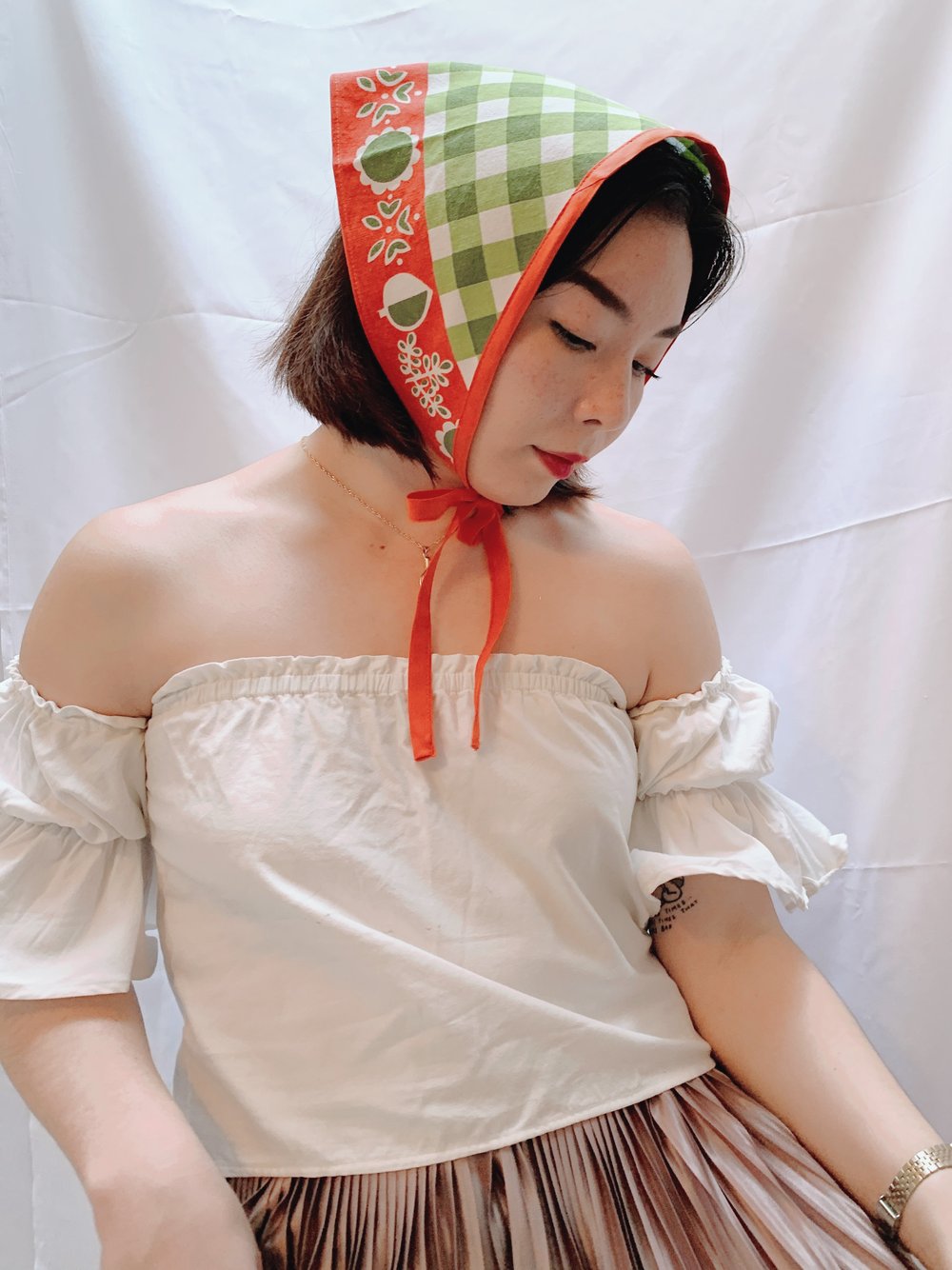 Image of Triangle Head Scarf — Green & Orange Check