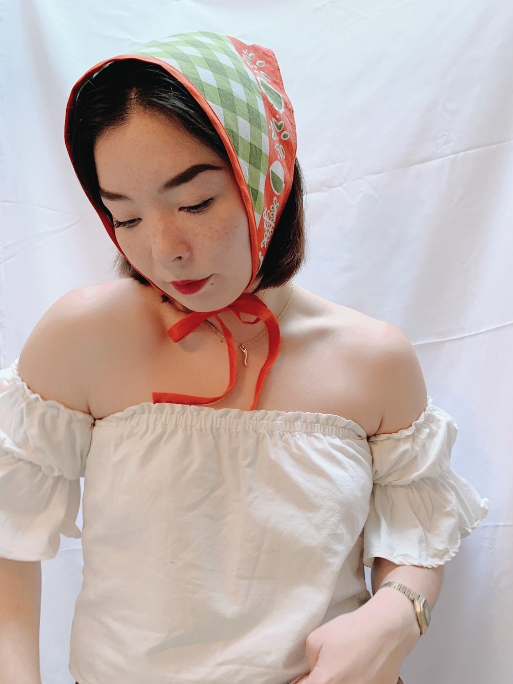 Image of Triangle Head Scarf — Green & Orange Check