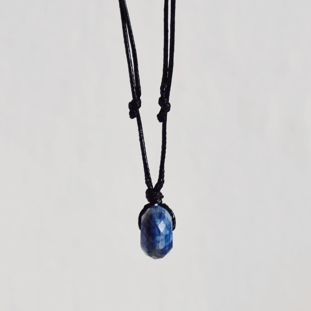 Image of Light Blue Sapphire faceted cut cube x black canvas chain necklace