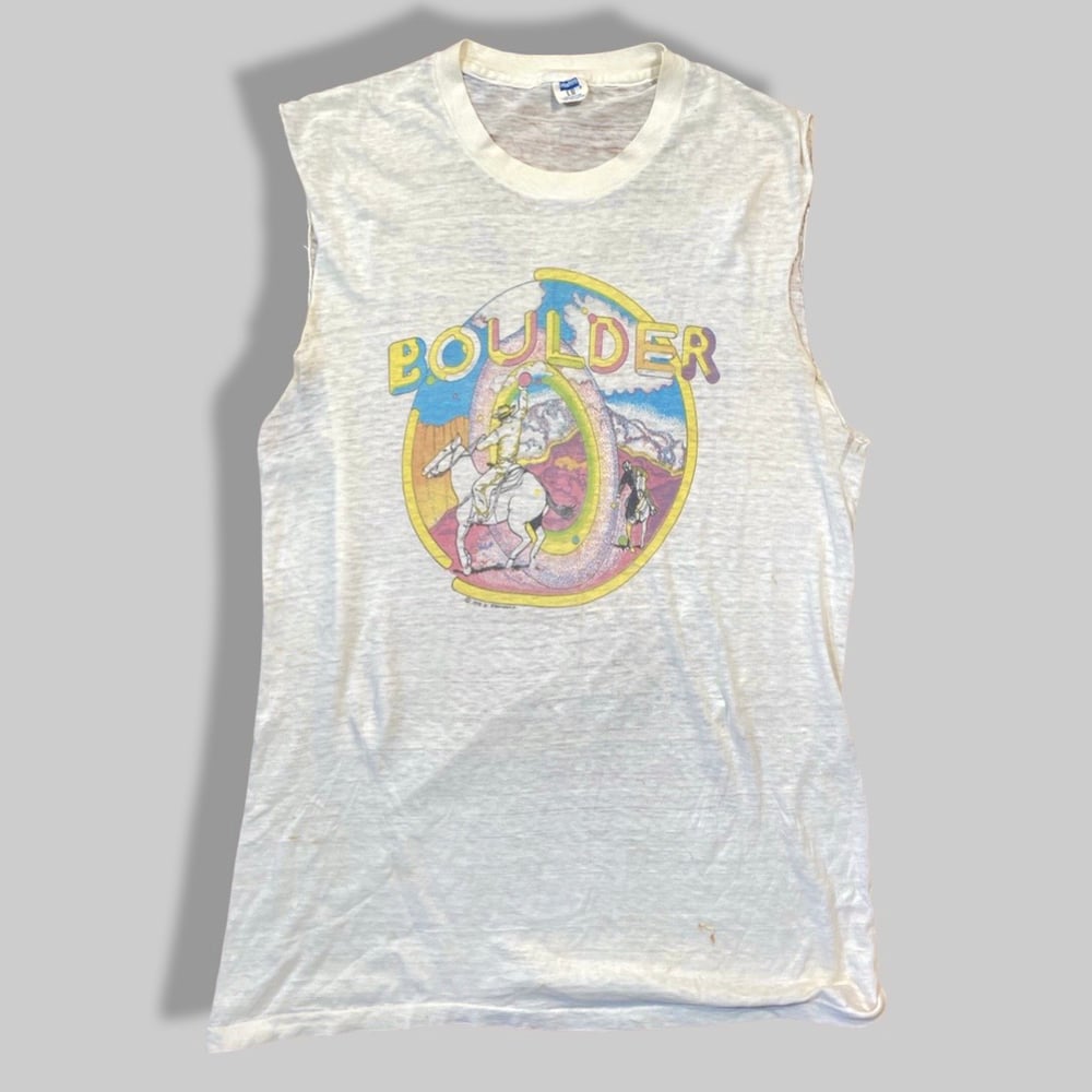 Tee: 1973 Boulder, Colorado Psychedelic Cowboy design by D. Stromberg T-shirt