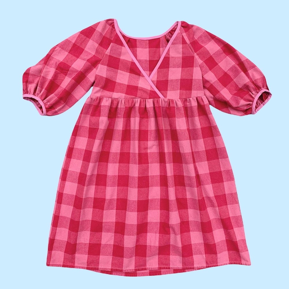 Image of Cross-Front Puff Sleeve Dress — Red & Pink Plaid