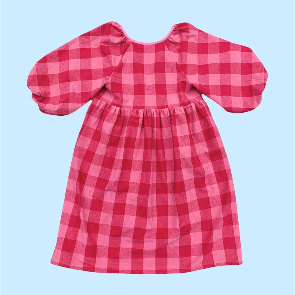 Image of Cross-Front Puff Sleeve Dress — Red & Pink Plaid