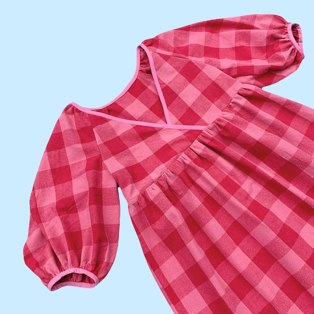Image of Cross-Front Puff Sleeve Dress — Red & Pink Plaid