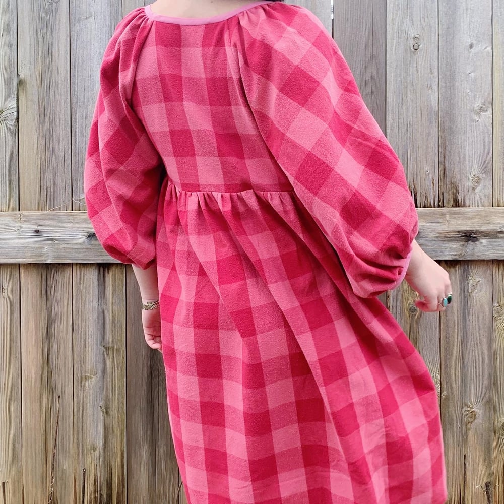 Image of Cross-Front Puff Sleeve Dress — Red & Pink Plaid