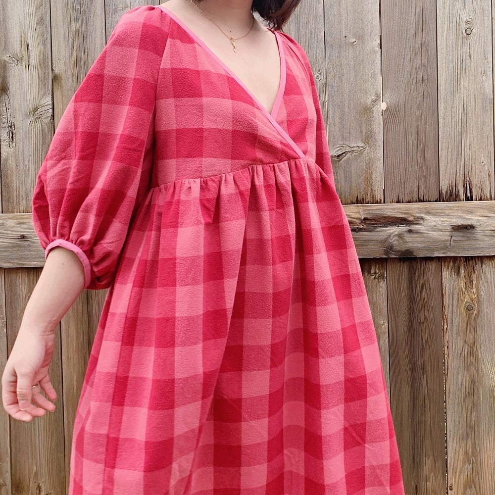 Image of Cross-Front Puff Sleeve Dress — Red & Pink Plaid