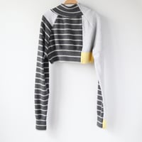 Image 3 of gray yellow stripe courtneycourtney SIZE 14/16 patchwork baseball raglan sleeve top shrug sweater