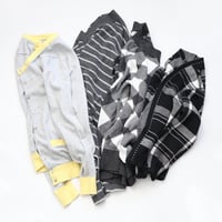 Image 4 of gray yellow stripe courtneycourtney SIZE 14/16 patchwork baseball raglan sleeve top shrug sweater