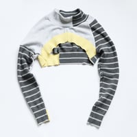 Image 2 of gray yellow stripe courtneycourtney SIZE 14/16 patchwork baseball raglan sleeve top shrug sweater