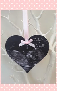 Image 2 of Personalised baby scan hanging wood heart,baby announcement heart wood plaque