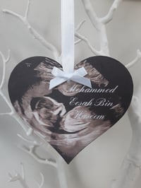 Image 3 of Personalised baby scan hanging wood heart,baby announcement heart wood plaque
