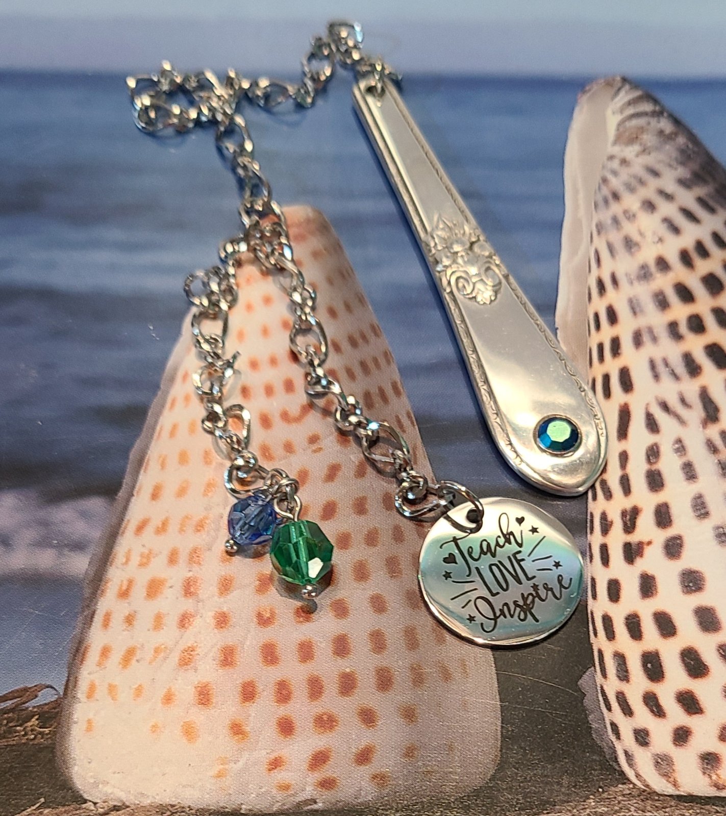 Beaded Silver Mermaid Barefoot Charm Bookmark with Blue Sea Glass