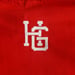 Image of "HIRED GOONS" College shirt.  White on Blood Red