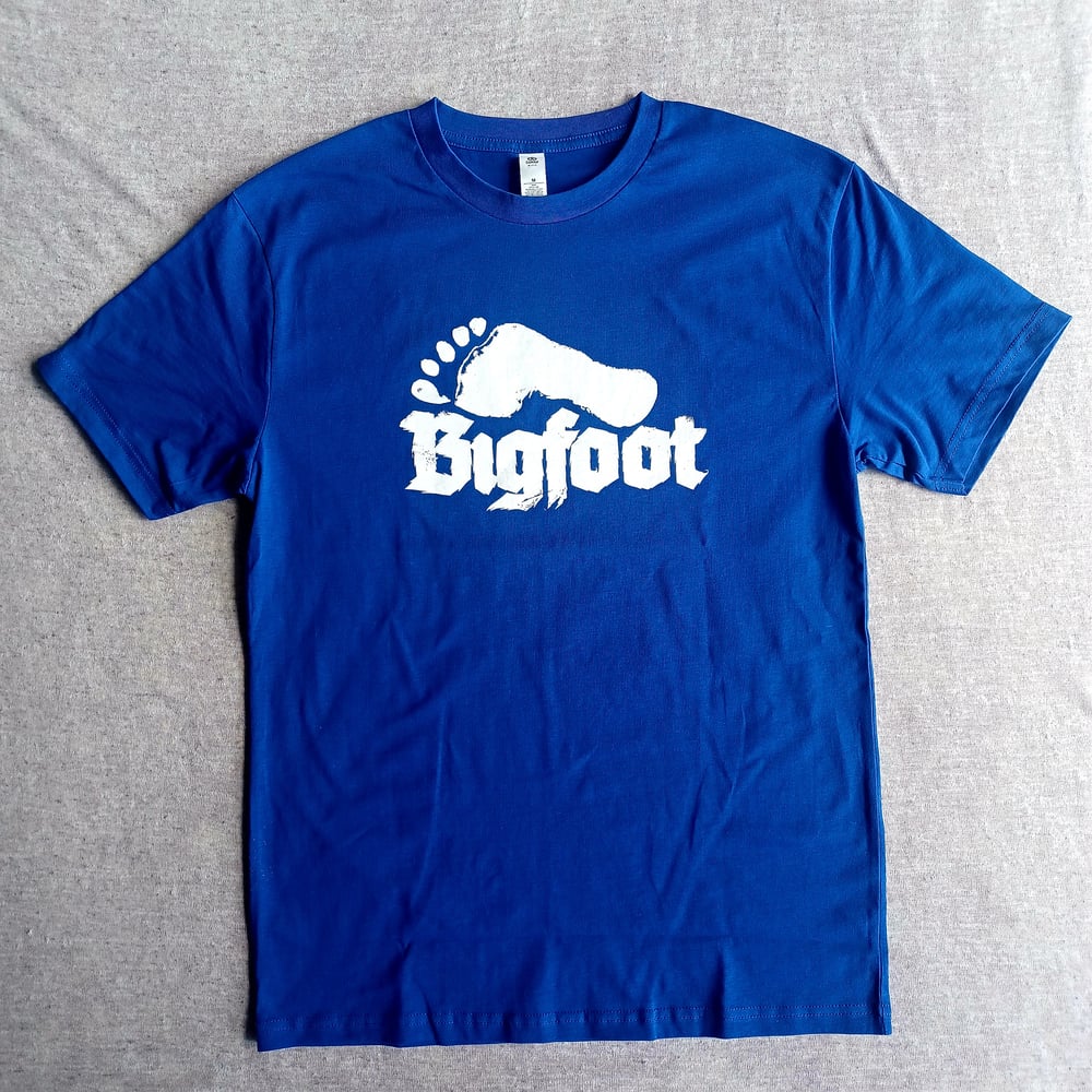 Image of "BIGFOOT" Logo Shirt.  White on Royal Blue