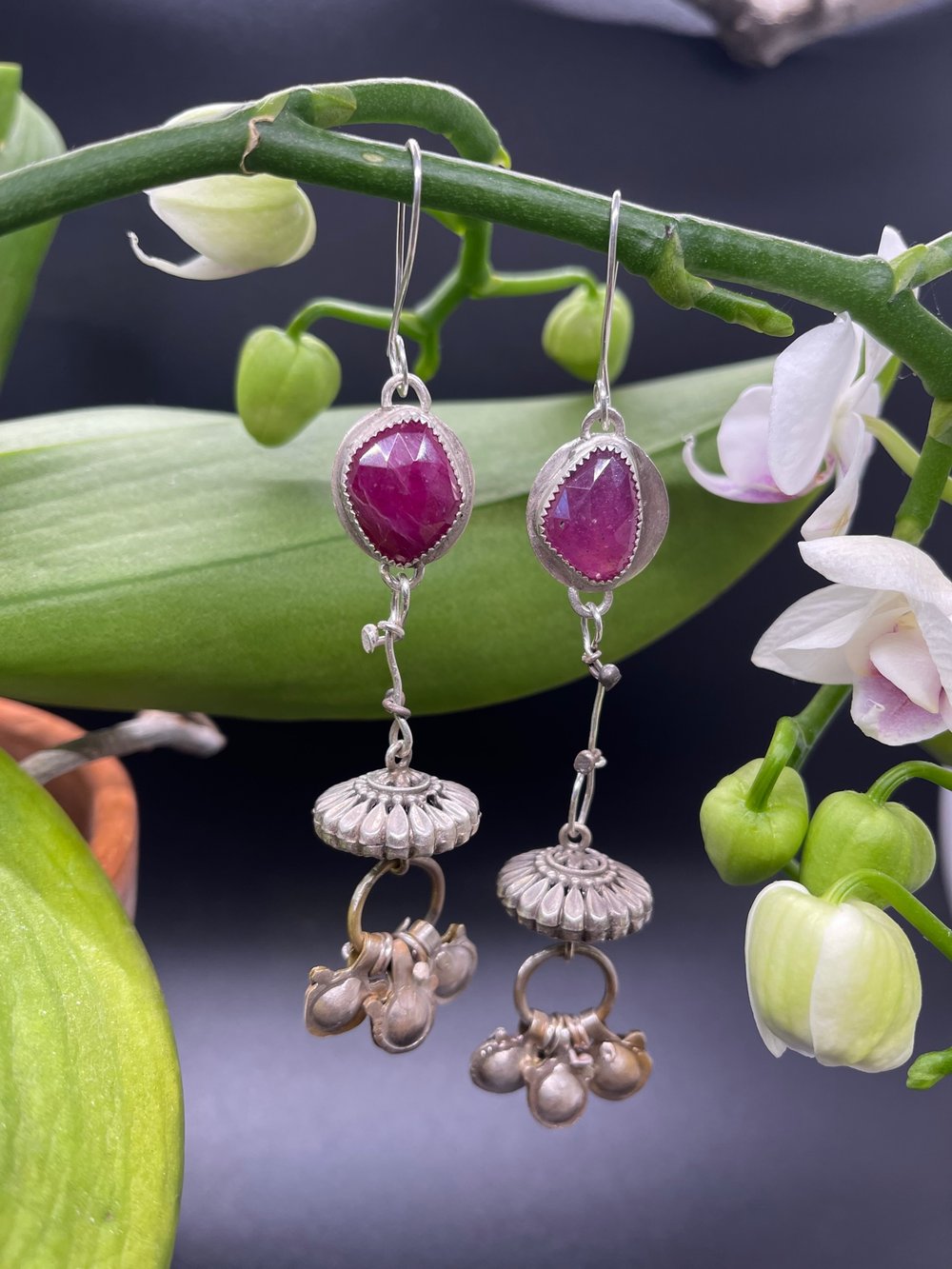 Image of Rose Cut Pink Tourmaline Dangle Earrings with imported Silver Indian Dangles & Bells