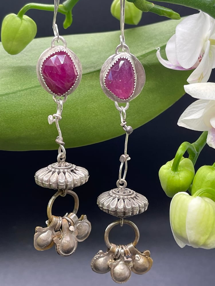 Image of Rose Cut Pink Tourmaline Dangle Earrings with imported Silver Indian Dangles & Bellss