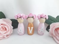 Image 1 of Personalised Pink & Gold  Wooden Peg Dolls, New Baby Gift, Personalised Nursery Decor