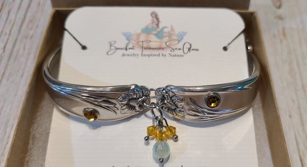 Image of Handmade Vintage Silverware Spoon Bracelet- Enhanced w/Swarovski Yellow Crystals-Gift Boxed-EB-452