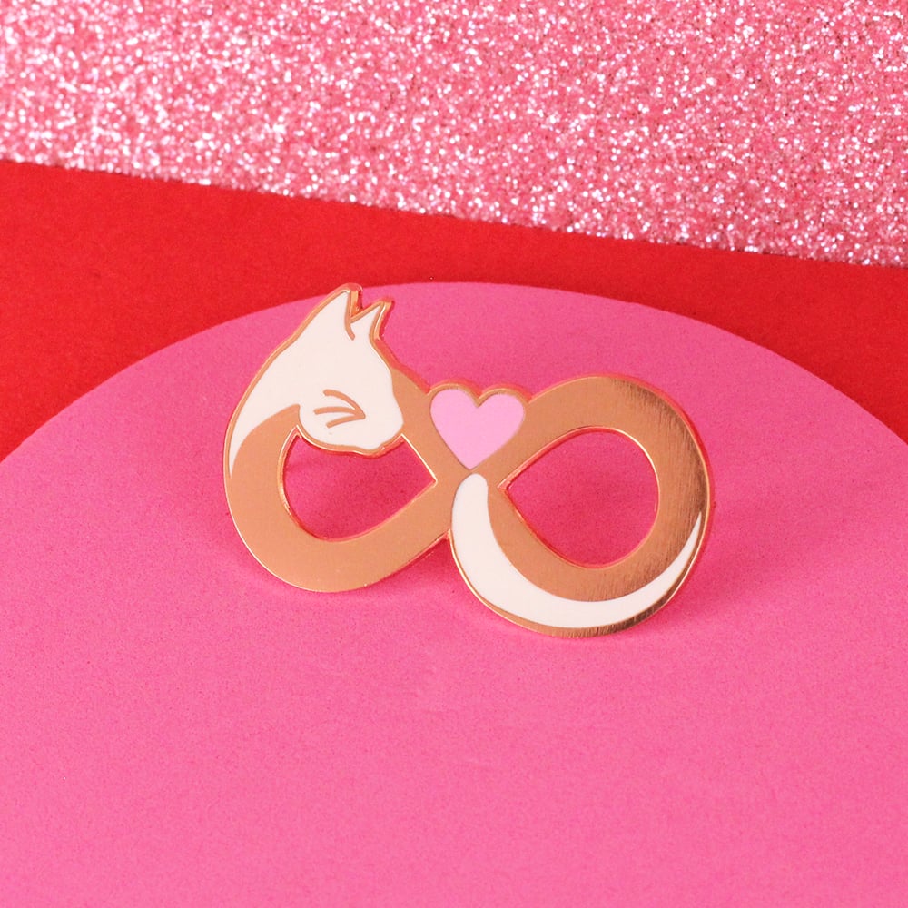 Image of Cat infinity symbol, hard enamel pin - WHITE - rose gold plating - cats forever - lapel pin badge