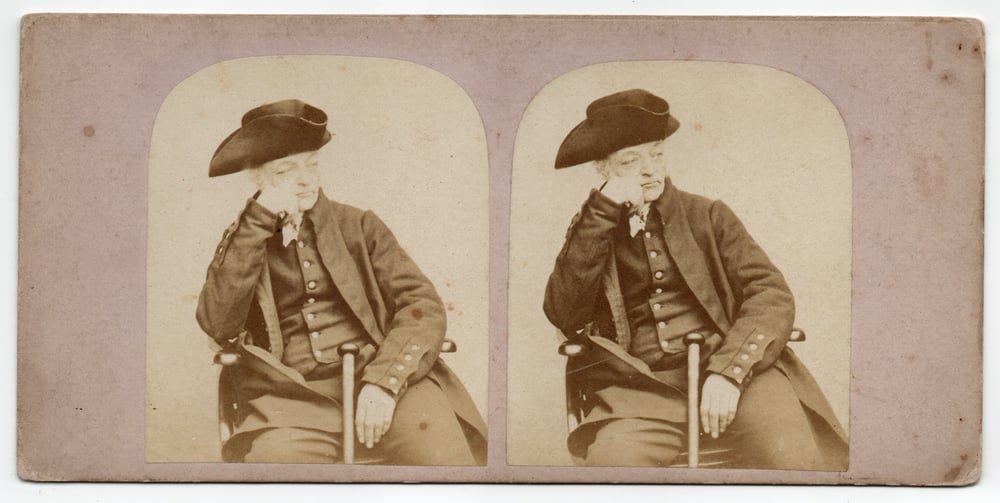 Image of Anonymous: stereo of Old Pensioner, UK ca. 1860